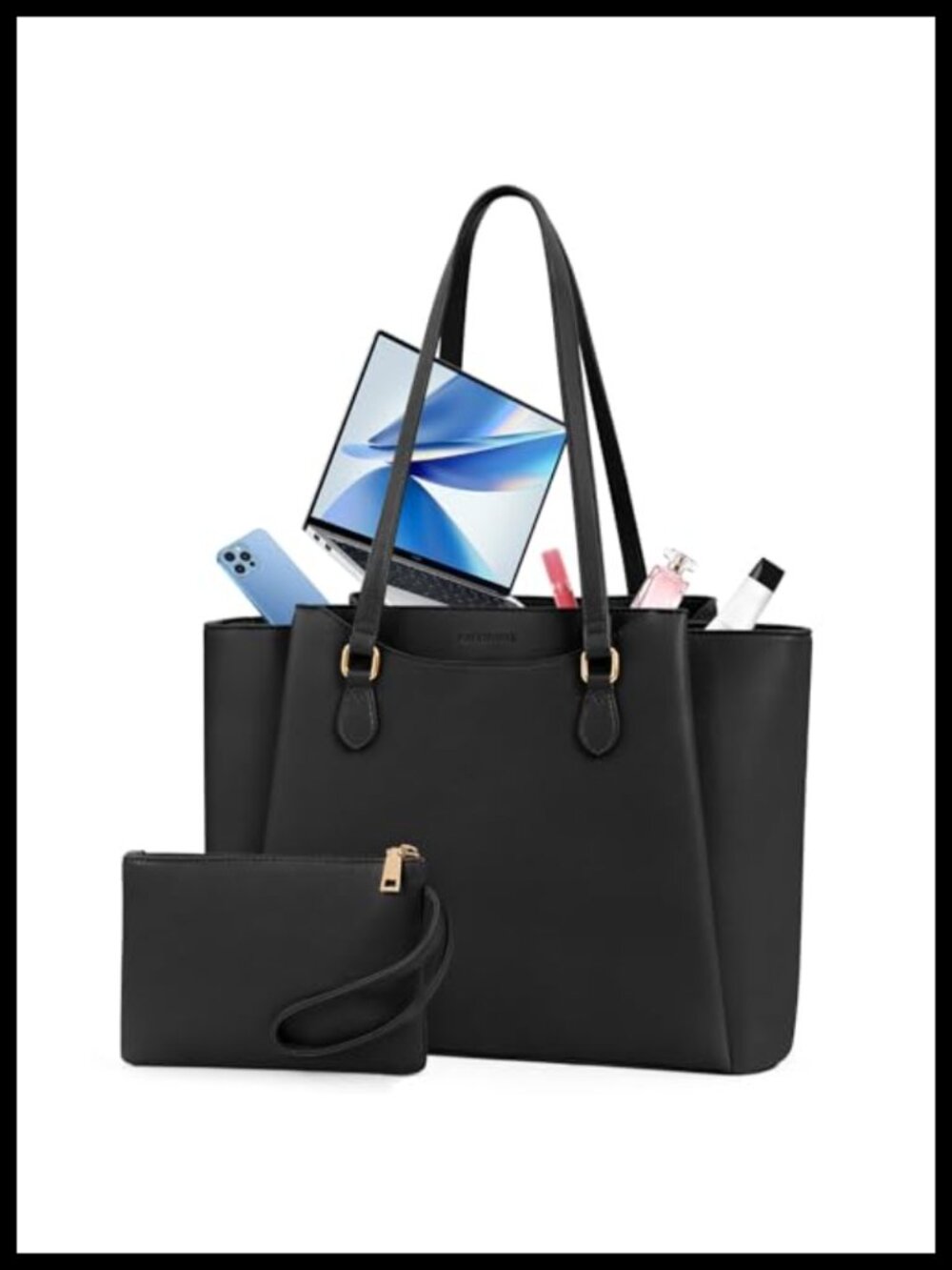 Waterproof Faux Leather Laptop Bag Tote with Clutch Purse 15.6 Inch